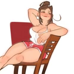 booty_shorts brown_hair fatal_fury large_breasts mai_shiranui ponytail shorts sitting sitting_on_chair snk street_fighter street_fighter_6 the_king_of_fighters wellington_phelippe