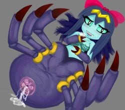 abdomen aftersex arachnid arthropod blue_hair blush bow cum cum_inside excessive_cum female green_sclera green_skin hair monster monster_girl overflow shantae shantae_(character) sharp_teeth smooth_skin solo spider spider_girl spinneret sweat teeth transformation unknown_artist