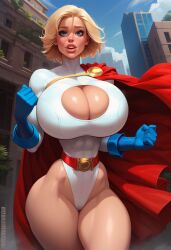 1girls ai_generated ass belt blonde_hair blue_eyes blush cape civitai cleavage cleavage_cutout dc_comics gloves huge_breasts leotard mamely32 outdoors power_girl short_hair solo superheroine