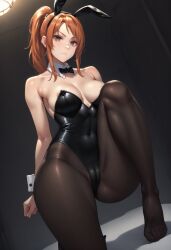 breasts brown_eyes bunny_ears bunnysuit code_vein curvy_female curvy_figure ginger ginger_hair leotard looking_at_viewer one_leg_up orange_hair pantyhose ponytail rin_murasame scar scar_on_face thighs