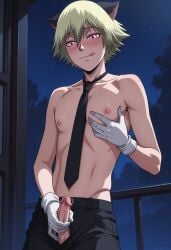 ai_generated blonde_hair blush cat_ears catboy femboy gloves hellsing male_masturbation necktie night penis_out schrodinger short_hair shorts