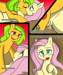 2013 2girls 3mangos blue_eyes blush closed_eyes comic duo english_text equine female female_only feral fluttershy_(mlp) friendship_is_magic green_hair hair horse kissing lying mammal mango_(character) my_little_pony on_back on_front on_top orange_eyes original_character pegasus pink_hair pony pussy pussy_juice smile sweat text wings yuri