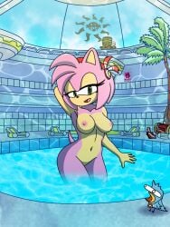 amy_rose anthro areola avian bedroom_eyes bird birdie_(sonic_adventure) breasts digital_media_(artwork) duo eulipotyphlan feathers female fur green_eyes hair hedgehog hi_res mammal narrowed_eyes navel nipples nude open_mouth partially_submerged pink_body pool seductive sega skwid smile sonic_(series) sonic_the_hedgehog_(series) standing tail water