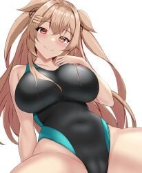 black_one-piece_swimsuit black_ribbon blush breasts brown_eyes cameltoe competition_swimsuit covered_navel cowboy_shot female hair_between_eyes hair_flaps hair_ornament hair_ribbon hairclip hand_on_own_chest heterochromia highres impossible_clothes impossible_swimsuit kantai_collection large_breasts light_brown_hair long_hair looking_at_viewer montemasa murasame_(kancolle) murasame_kai_ni_(kancolle) one-hour_drawing_challenge one-piece_swimsuit red_eyes ribbon smile solo swimsuit two-tone_swimsuit two_side_up white_background