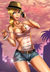 1girls alluring areola_slip belt bikini blonde_hair blue_eyes bracelet braid breasts cleavage clothes color denim_shorts ear_piercing earrings eyeshadow female female_only folded_ponytail grand_theft_auto grand_theft_auto_v hair hat headgear jeans licking_lips light_skin lipstick makeup minishorts naughty_face nipple_slip pendant phone piercing pinup ponytail preppy purple_eyeshadow red_lipstick rockstar_games seductive_look seductive_smile shadman shorts slim solo standing sunset tied_hair tongue tongue_out tongue_piercing tracey_de_santa url website wristwatch