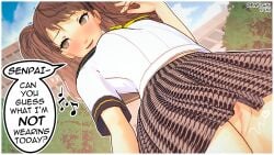 artist_name atlus blush bottomless breasts brown_eyes brown_hair building comic day dutch_angle eighth_note embarrassed english_text exhibitionism female female_pervert from_below horny houndstooth kujikawa_rise long_hair looking_to_the_side miniskirt musical_note neckerchief no_panties open_mouth outdoors persona persona_4 pleated_skirt public_indecency pussy school_uniform serafuku shirt short_sleeves skirt smile solo speech_bubble twintails upskirt white_shirt yasogami_school_uniform yellow_neckerchief yumi_(artist)