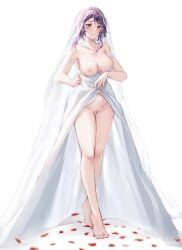 1girls areolae barefoot braid breasts bridal_veil bride dress dress_lift dress_pull fault_milestone female lace nipples purple_eyes purple_hair pussy revealing ritona_reighnvhasta solo tiara veil wedding_dress white_dress