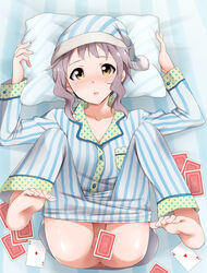 anus barefoot bed blush card censored convenient_censoring female grey_hair hat idolmaster idolmaster_million_live! kaiga knees_on_chest legs_up looking_at_viewer lying makabe_mizuki no_panties on_back open_mouth pajamas pillow playing_card short_hair solo spread_legs yellow_eyes