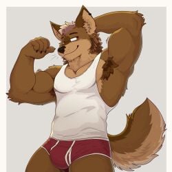 armpit_hair armpits bezzeroo bulge bulge_through_clothing flexing furry gay hi_res looking_away male male_only muscular muscular_male posing posing_for_the_viewer snout solo tail tank_top tuft tufted_ears underwear