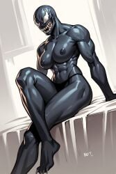 ai_generated alien black_body breasts fangs female female_only marvel muscular muscular_female nipples open_mouth open_smile panties she-venom sitting smile solo symbiote teeth thick_thighs venom_(marvel)