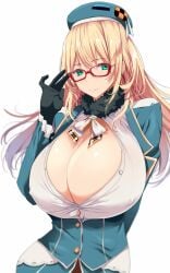 10s atago_(kancolle) beret bespectacled black_gloves blonde_hair blush bow bowtie breasts bursting_breasts buttons cleavage covered_erect_nipples dress eyebrows female female_focus frills fur_collar fur_trim glasses gloves green_eyes green_hat green_skirt hair_between_eyes hat highres huge_breasts kantai_collection kloah long_hair long_sleeves looking_at_viewer military military_uniform open_clothes open_shirt red-framed_eyewear rimless_eyewear shirt showgirl_skirt skirt skirt_set solo taut_clothes taut_shirt upper_body white_bow white_shirt