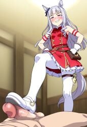 ai_generated animal_ears blush footjob gold_ship_(umamusume) horse_ears horse_girl horse_tail penis pink_eyes sadistic sadistic_expression sadistic_female sadistic_girl sadistic_smile silver_hair sockjob socks stepping_on_penis umamusume umamusume_pretty_derby