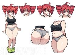 1girls ai_generated big_breasts glasses kasane_teto multiple_views navel plump red_eyes red_hair shewwwhore solo solo_focus vocaloid