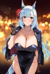 ai_generated animal_ears blue_hair breasts bustier dress female half_ponytail jacket_on_shoulders light_blue_hair long_hair looking_at_viewer mejiro_ardan_(umamusume) princess purple_eyes umamusume umamusume_pretty_derby