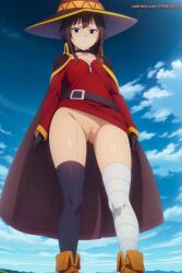 1female 1girl 1girls ai_generated aikenoart ass big_ass big_butt busty cape female girly half-dressed half_naked innie_pussy kono_subarashii_sekai_ni_shukufuku_wo! konosuba looking_at_viewer megumin nude nude_female pussy pussy_peek red_background red_clothing red_eyes solo solo_female solo_focus staff thick_thighs witch witch_costume witch_hat