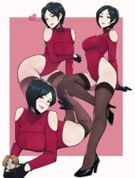 1girls ada_wong ada_wong_(adriana) aneurysm.ax bare_shoulders black_hair brown_eyes capcom female female_only gloves heart heels leotard_sweater looking_at_viewer multiple_views narrowed_eyes resident_evil resident_evil_4_remake smiling smiling_at_viewer solo stockings sweater teeth_showing very_high_resolution