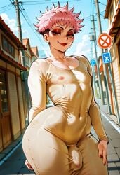 ai_generated curvy dongtan_dress femboy itadori_yuuji jujutsu_kaisen makeup nipples_visible_through_clothing penis_under_clothes public red_lipstick red_nails smile solo voluptuous