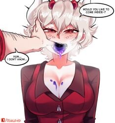 1boy 1girls beelzebub_(helltaker) cleavage english_text female_focus finger_in_mouth helltaker helltaker_(character) horns inviting large_breasts male_pov open_mouth osulewd pov red_eyes saliva speech_bubble talking_to_viewer text tongue tongue_out white_hair