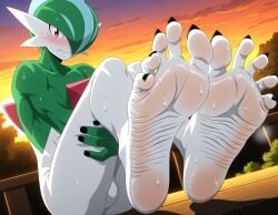 ai_generated background black_toenails feet feet_focus foot_fetish foot_focus fuealahomg gallade highres male_only muscular muscular_male pointy_nails pokemon pokemon_(species) red_eyes sitting soles solo solo_male toe_claws toenail_polish toenails toes wrinkled_soles