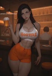 abs ai_generated alcohol bars beer bra cleavage drunk emo eyeshadow fit fit_female hooters hooters_uniform hot muscular muscular_female photoshoot pose sexy sexy_pose sports_bra