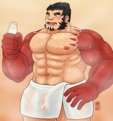 balls bara bulge facial_hair flaccid kktjkgak male male_only muscles muscular musk penis solo solo_male steam sweat sweating tajikarao_(tokyo_afterschool_summoners) tokyo_afterschool_summoners towel towel_around_waist