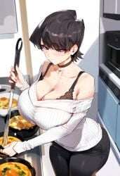 ai ai_generated big_breasts bra choker cooking food hi_res high_quality kitchen komi-san_wa_komyushou_desu komi_shuuko large_breasts milf mommy novelai orionxesy sexy sweater