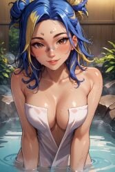 1girls ai_generated auburn_eyes band-aid bathing blue_hair cleavage large_breasts light-skinned_female looking_at_viewer multicolored_hair neon_(valorant) onsen see-through_clothing smile solo solo_female sultryspark towel_only water