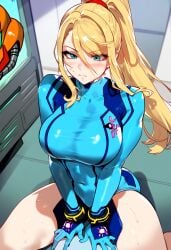 ai ai_assisted big_breasts blonde_hair blue_eyes blush blush hi_res high_quality metroid ponytail samus_aran thick_thighs zero_suit zero_suit_samus