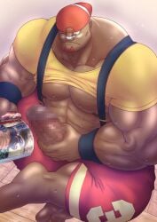 balls bara big_penis boner erection genta_iwayama male male_only masturbation muscles muscular penis promare solo solo_male sweat sweating varys_truss