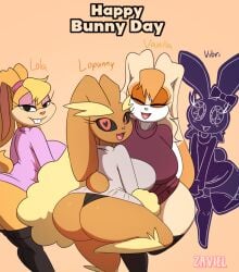 4girls alternate_form anthro ass big_ass big_breasts black_clothing black_panties black_sclera black_underwear boomerang_(tv_network) breasts cartoon_network clothing crossover eastern_and_western_character female flat_chest generation_4_pokemon group lagomorph legwear leporid lola_bunny looking_at_viewer looney_tunes lopunny mammal mature_female monochrome_body nintendo panties playstation pokemon pokemon_(species) rabbit sega smile sonic_(series) sonic_the_hedgehog_(series) sony_corporation sony_interactive_entertainment sweater thick_thighs thigh_highs topwear twitter twitter_username underwear vanilla_the_rabbit vib-ribbon vibri warner_brothers zaviel