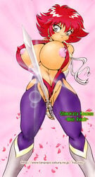 1girls android big_breasts bodysuit boots breasts choker cutie_honey cutie_honey_(character) female heart honey_kisaragi large_breasts light-skinned_female light_skin nipples red_hair shimokata_kouzou short_hair solo sweat sword weapon