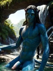 aeralithiel ai_generated alien alien/human alien_humanoid avatar avatar:_the_way_of_water big_penis blue_skin color colored erect_penis erection fanart fanart_from_twitter jake_sully long_hair long_penis male male_only na'vi uncensored underwear western_art