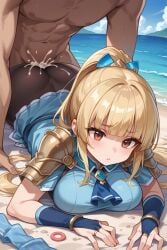 ai_generated annoyed annoyed_expression back_view backshots beach blonde_female blonde_hair blue_clothing blush breast_squeeze breasts clair_(fire_emblem) clothed_sex cum cum_on_lower_body enjoying pressed_against pressed_against_ground secretly_loves_it sexy tsundere