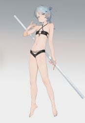 absurdres bikini blue_eyes bmwh1tts commentary_request female grey_background grey_hair hair_ornament highres holding holding_staff holding_weapon nail_polish original staff standing swimsuit twintails weapon