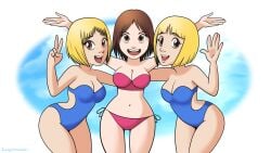 3girls bikini bikini_bottom bikini_top blonde_female blonde_hair breasts brown_eyes brown_hair cleavage hi_res hips navel omegasunburst one-piece_swimsuit pool_girls_(sonic_adventure) sonic_(series) sonic_adventure sonic_the_hedgehog_(series) swimsuit thighs