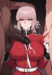 1girls 2boys ai_generated blank_expression braid clothed_female_nude_male cum cum_on_breasts dark-skinned_male emotionless emotionless_sex expressionless fate/grand_order fate_(series) female florence_nightingale_(fate) grabbing_balls hand_on_head holding_penis interracial large_breasts large_penis light-skinned_male nude_male penis penis_on_breast penis_size_difference pink_hair precum red_eyes sexual_relief_duty small_penis small_penis_humiliation tagme