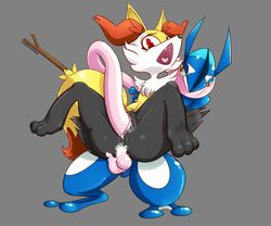 2_toes 3_toes anal anal_sex anus ass bald barefoot braixen cloaca cum cum_in_anus cum_in_pussy cum_inside cum_on_penis cum_on_pussy double_penetration erection female fur greninja grey_background grey_nose interspecies male multiple_penises nintendo nude open_mouth orange_fur penetration penis plain_background pokémon_(species) pokemon pokemon_(species) pokemon_xy pussy raised_leg red_eyes sex sharp_teeth shiny soapmonster spread_legs spreading standing straight teeth tongue uncensored vaginal_penetration white_eyes white_fur yellow_eyes yellow_fur