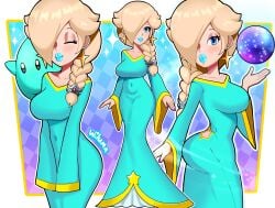 1girls alternate_version_available ass ass_in_dress ass_shot big_breasts big_lips bimbo bimbo_lips blonde_hair blue_dress blue_eyes blue_lips blue_lipstick braid braided_hair breasts close-up closed_eyes clothing cutout dress ear_piercing earrings female female_focus full_body hair hair_ornament hair_over_one_eye hips lips lipstick long_dress luma mario_(series) multiple_views nail_polish nails nintendo orb princess_rosalina purple_nail_polish purple_nails sparkles star thick_lips thighs wide_hips wiluma