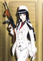 1girls clothed_female girlycard gun hearu_kyodo hellsing long_hair red_eyes thompson_submachine_gun