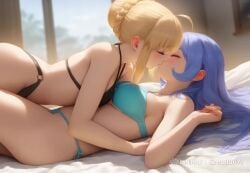 2girls ai_generated animated artoria_pendragon_(fate) bikini blonde_hair blue_hair boku_no_hero_academia fate_(series) female_only kissing nejire_hado saber tagme video yuri