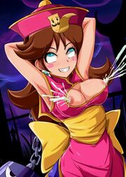 arms_up blue_eyes breasts brown_hair chains clothing cosplay darkstalkers edit hands_behind_head hsien_ko_(cosplay) lactating lactation lei_lei_(cosplay) looking_pleasured luigi mario_(series) milk nintendo princess_daisy sigurdhosenfeld small_breasts tears vampire_(game)