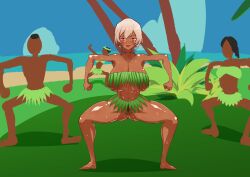 bowlegged breasts brown_skin dancing grass_skirt hairy_armpits huge_breasts inverted_nipples islander nipples pineapple_on_pizza_(game) pprk pubic_hair pussy sweat sweatdrop sweating thick_thighs