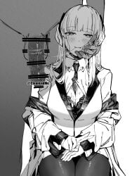 1boy after_fellatio bar_censor between_breasts blue_archive breasts censored cleavage closed_mouth collared_shirt female greyscale hand_on_another's_cheek hand_on_another's_face highres large_breasts lipstick_ring long_hair long_sleeves looking_at_viewer monochrome necktie necktie_between_breasts noa_(blue_archive) otimusyairoha pantyhose penis saliva saliva_trail shirt smile solo_focus straight v