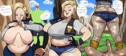 android_16 android_18 belly belly_button big_ass big_breasts big_butt blonde_female blonde_hair blue_eyes cock dialogue dragon_ball dragon_ball_z fat_ass fat_butt isxues jeans manga showing_ass showing_breasts showing_off sneaky thick thick_ass thick_thighs