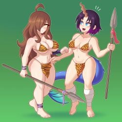 bandage big_ass big_breasts blush brown_hair cave_girl cavewoman chemical_bro cleavage dragon_girl elma_(dragon_maid) jungle jungle_girl kobayashi-san_chi_no_maidragon kono_subarashii_sekai_ni_shukufuku_wo! konosuba leopard_print loincloth long_hair miss_kobayashi's_dragon_maid multicolored_hair ooga_booga prehistoric short_hair small_breasts spear stone_age tail tarzan tiger_print tribal unga_bunga unga_unga wiz_(konosuba)