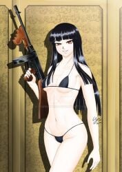 1girls bikini girlycard gun hearu_kyodo hellsing long_hair red_eyes thompson_submachine_gun