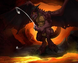 1boy abs balls biceps big_penis claws cum dragon dragonator ejaculation erection glowing_eyes horn horns lava male male_only masturbation no_humans nude pecs penis ragnir red_body scalie solo todex volcanic_setting volcano wings yellow_body