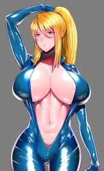 1girl absurdres blonde_hair blue_eyes breasts cleavage female female_focus gluteal_fold grey_background hair_between_eyes highres large_breasts long_hair metroid mole mole_under_mouth nintendo parted_lips ponytail samus_aran simple_background solo sweat unzipped wolffeld_price zero_suit