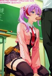 1boy 1girls ai_generated cum cum_in_mouth cum_on_face female jacket kanami_(strinova) kanami_heartbeat_memorise_(strinova) kneeling penis school_girl school_uniform semen sex shirt sitting sitting_on_knees skirt socks stable_diffusion stockings strinova uteenlearn