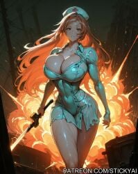 1girls ai_generated bleach breasts brown_eyes excalibur explosion fit inoue_orihime looking_at_viewer nurse nurse_uniform orange_hair sweat